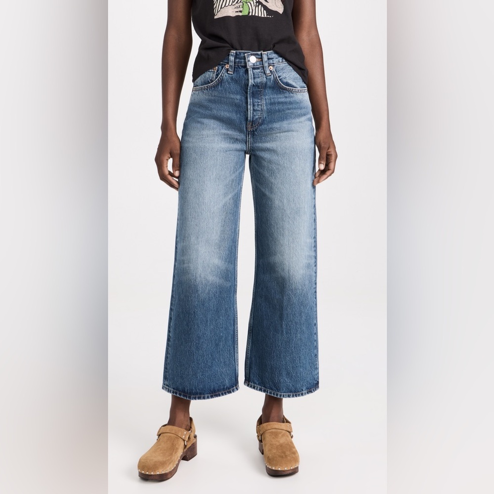 RE/DONE High Rise Wide Leg Dark Speedway Wash Cropped Denim Jeans in Size 26